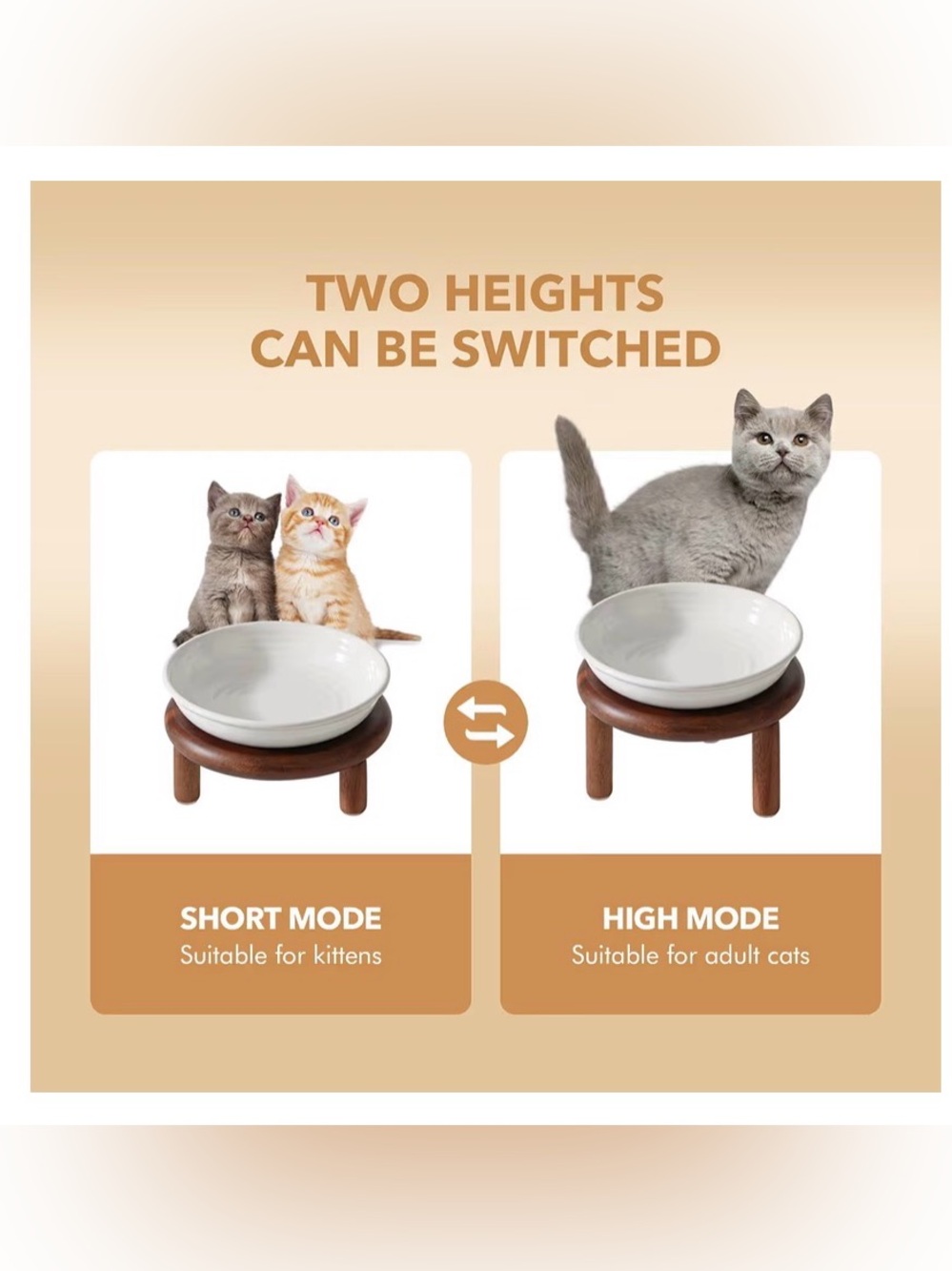 Set of two elevated bowls for cats on two adjustable heights on acacia platform - Picture 6 of 16
